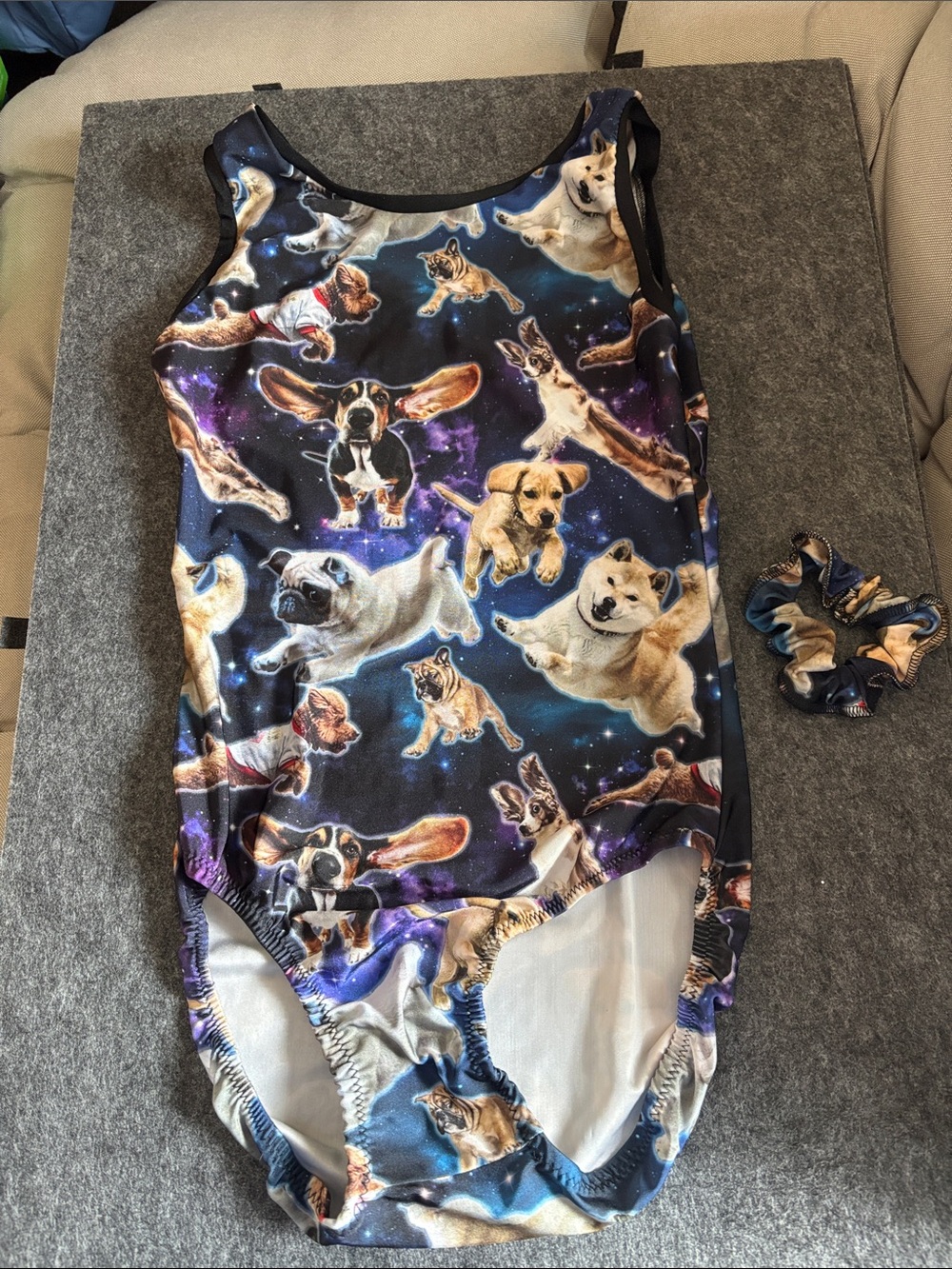 GirlsDog Print Gymnastics one piece- Navy Galaxy with matching scrunchie